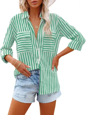 OMSJ Women's Striped Button Down Shirts Casual Long Sleeve Stylish V Neck Blouses Tops with Pockets