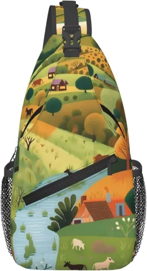 OSAM SPACE Deer Sling Bag Crossbody Backpack, Summer Village Sling Chest Bag for Women Men Travel Gym Daypack