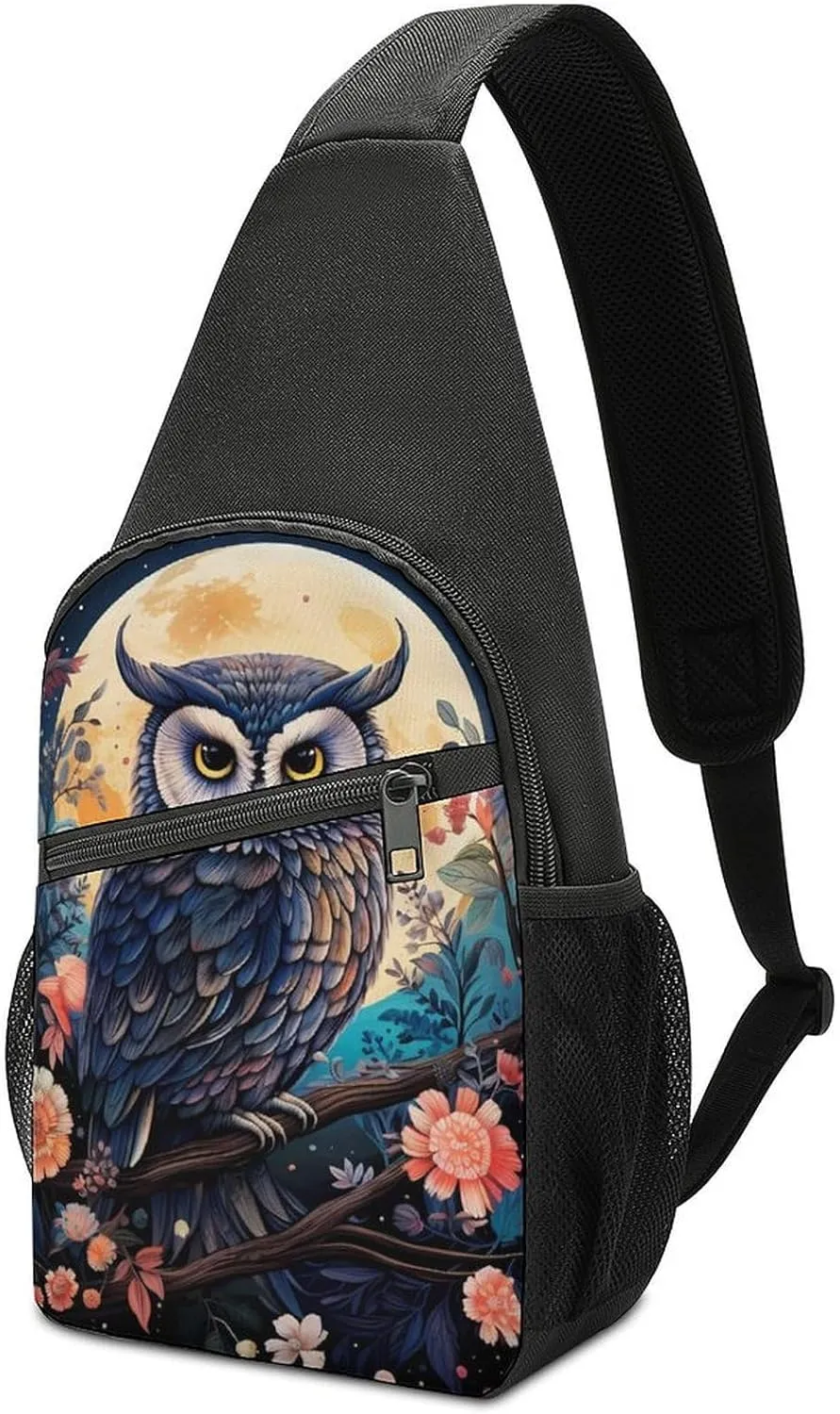 Owe Flower Full Moon Print Sling Bag Casual Chest Bag Daypack Unisex Crossbody Backpack for Travel Sports Outdoors