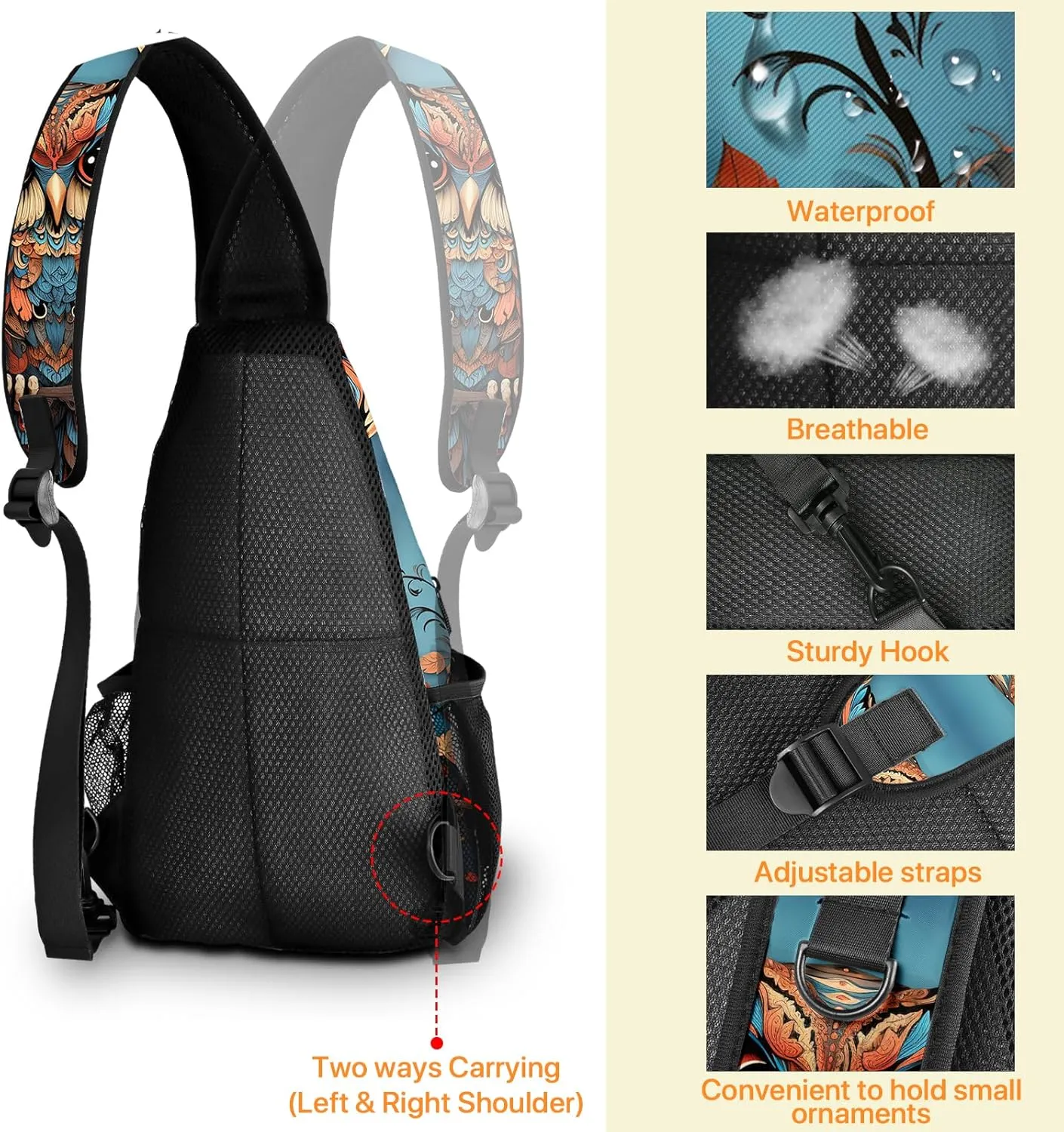 Owl Sling Bag travel Crossbody Backpack Casual Daypack for Women with Strap Lightweight Outdoor Hiking Climbing Runners