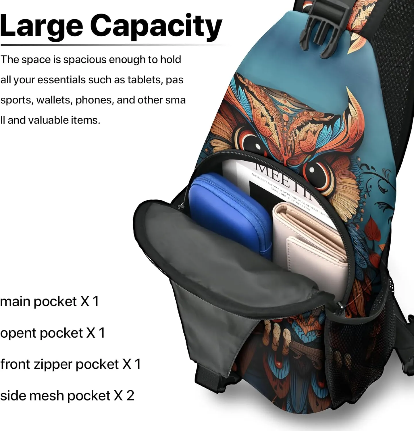 Owl Sling Bag travel Crossbody Backpack Casual Daypack for Women with Strap Lightweight Outdoor Hiking Climbing Runners