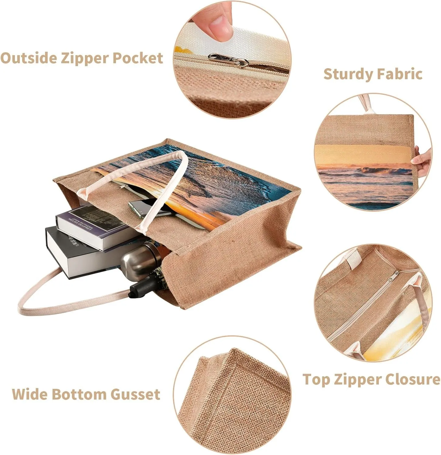 Oyihfvs Durable Burlap Bag with Handles, Zipper Jute Tote Reusable Bag Waterproof Lining for Shopping Work Travel beach