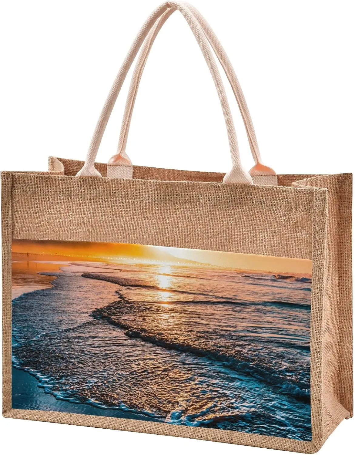 Oyihfvs Durable Burlap Bag with Handles, Zipper Jute Tote Reusable Bag Waterproof Lining for Shopping Work Travel beach