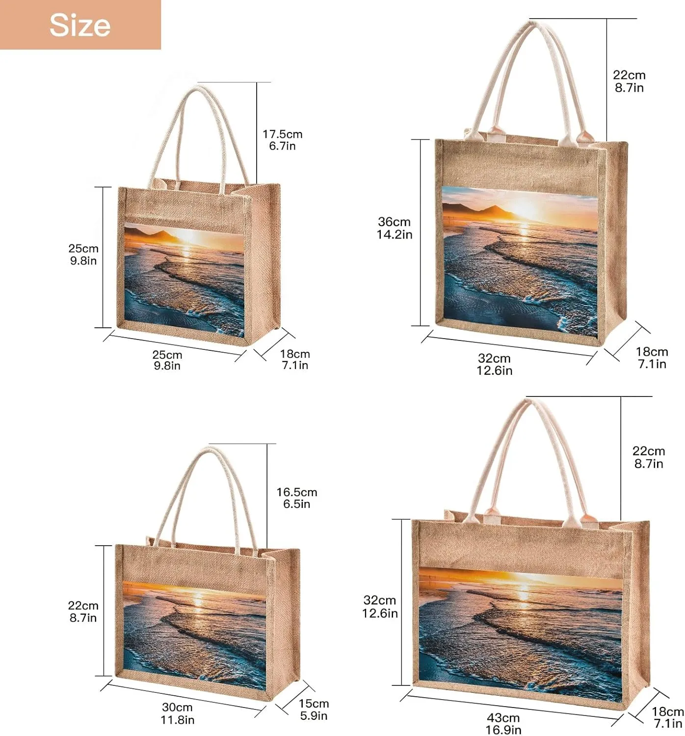 Oyihfvs Durable Burlap Bag with Handles, Zipper Jute Tote Reusable Bag Waterproof Lining for Shopping Work Travel beach