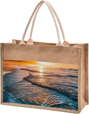 Oyihfvs Durable Burlap Bag with Handles, Zipper Jute Tote Reusable Bag Waterproof Lining for Shopping Work Travel beach