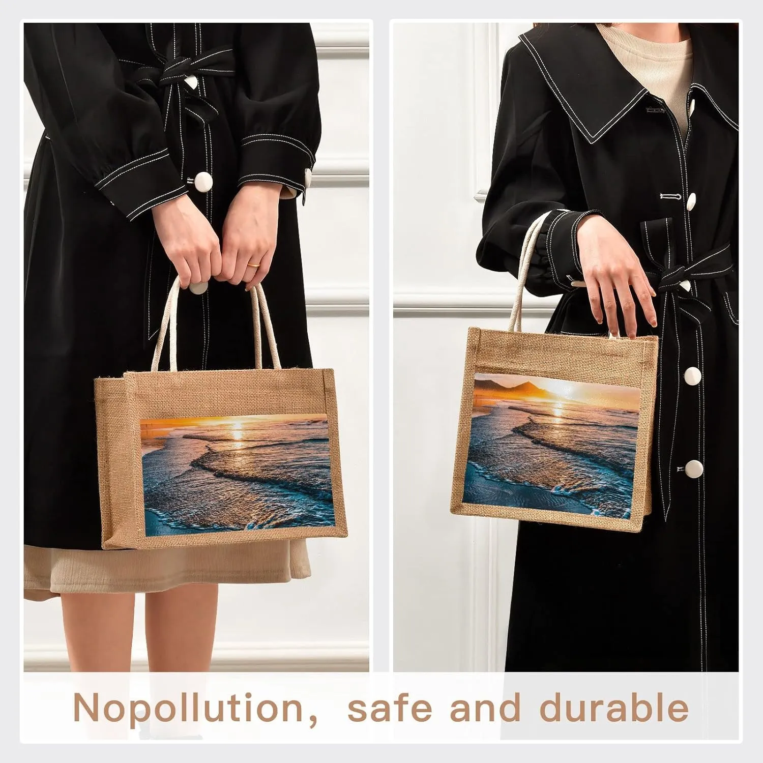 Oyihfvs Durable Burlap Bag with Handles, Zipper Jute Tote Reusable Bag Waterproof Lining for Shopping Work Travel beach