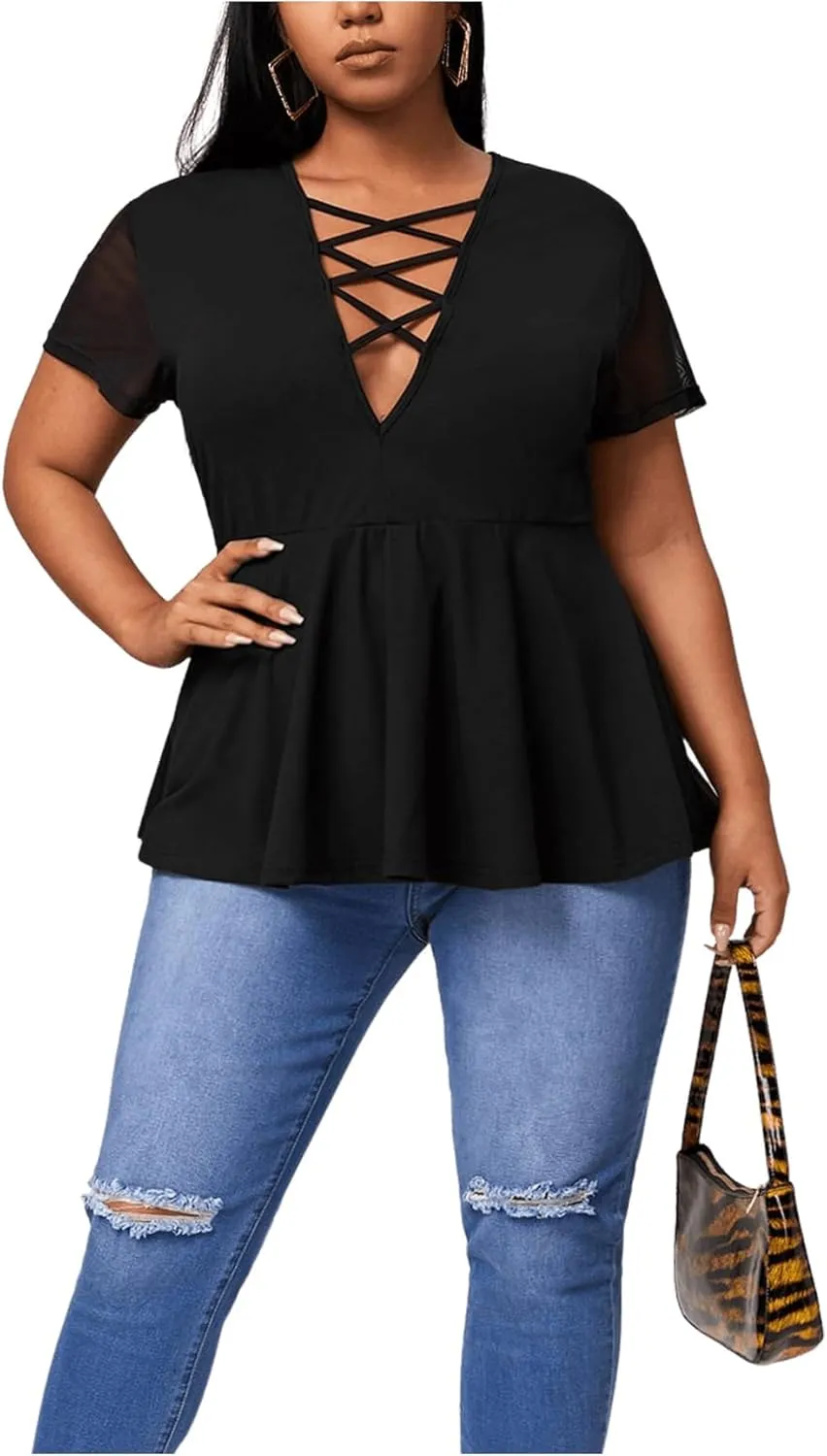 OYOANGLE Women's Plus Size Mesh Short Sleeve Criss Cross Front Plunging Neck Peplum Blouse