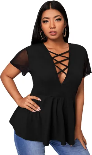 OYOANGLE Women's Plus Size Mesh Short Sleeve Criss Cross Front Plunging Neck Peplum Blouse