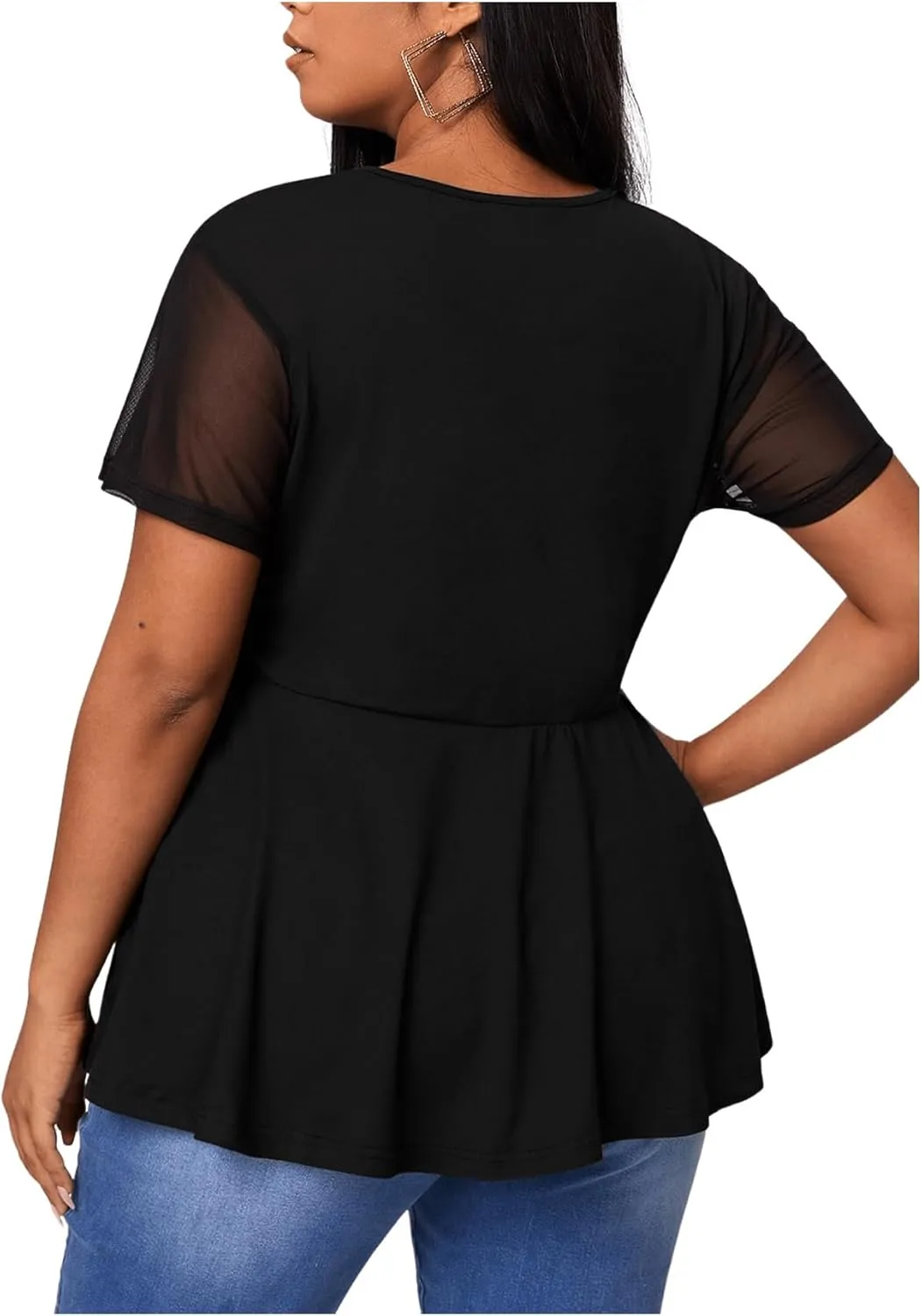 OYOANGLE Women's Plus Size Mesh Short Sleeve Criss Cross Front Plunging Neck Peplum Blouse
