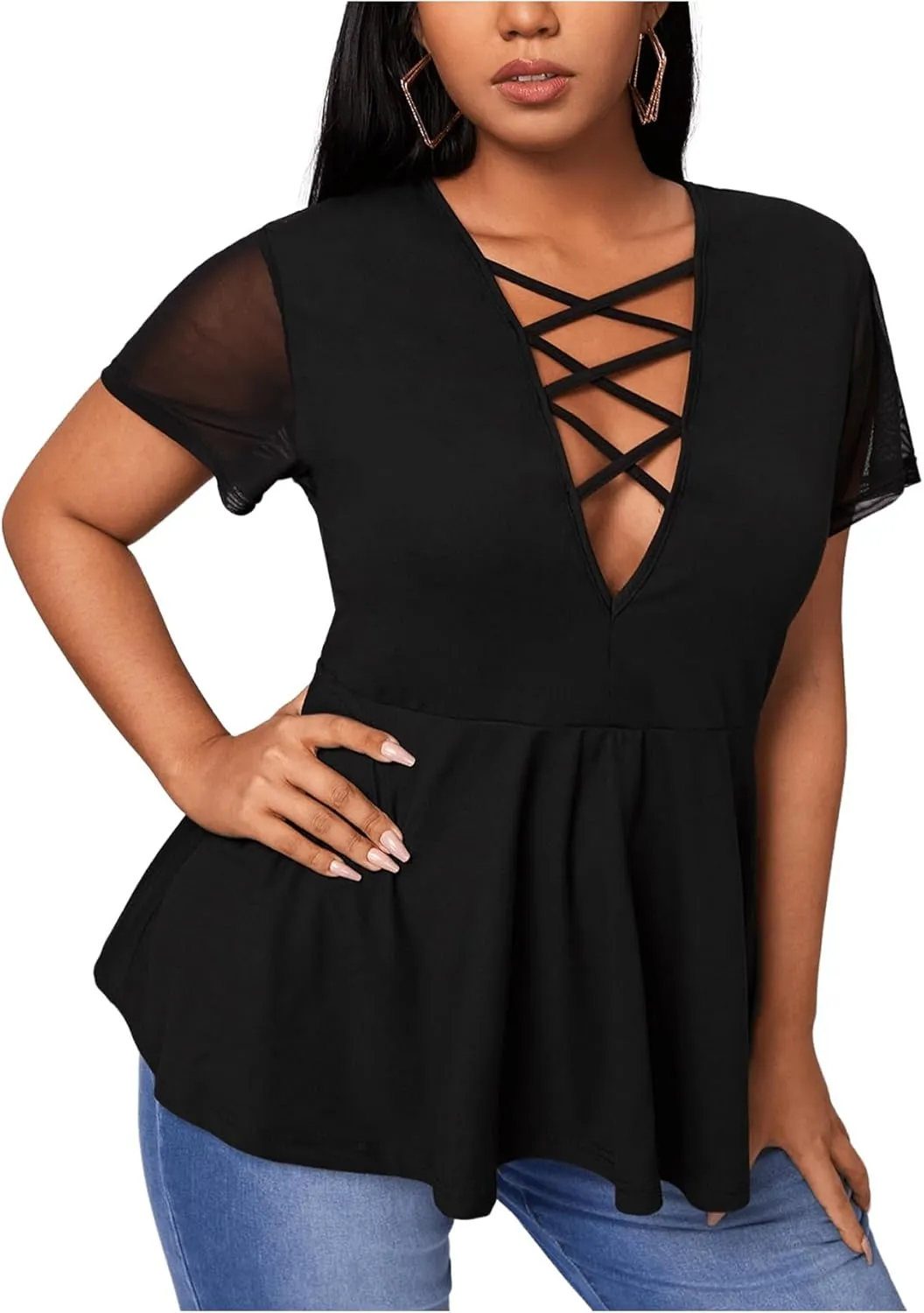 OYOANGLE Women's Plus Size Mesh Short Sleeve Criss Cross Front Plunging Neck Peplum Blouse