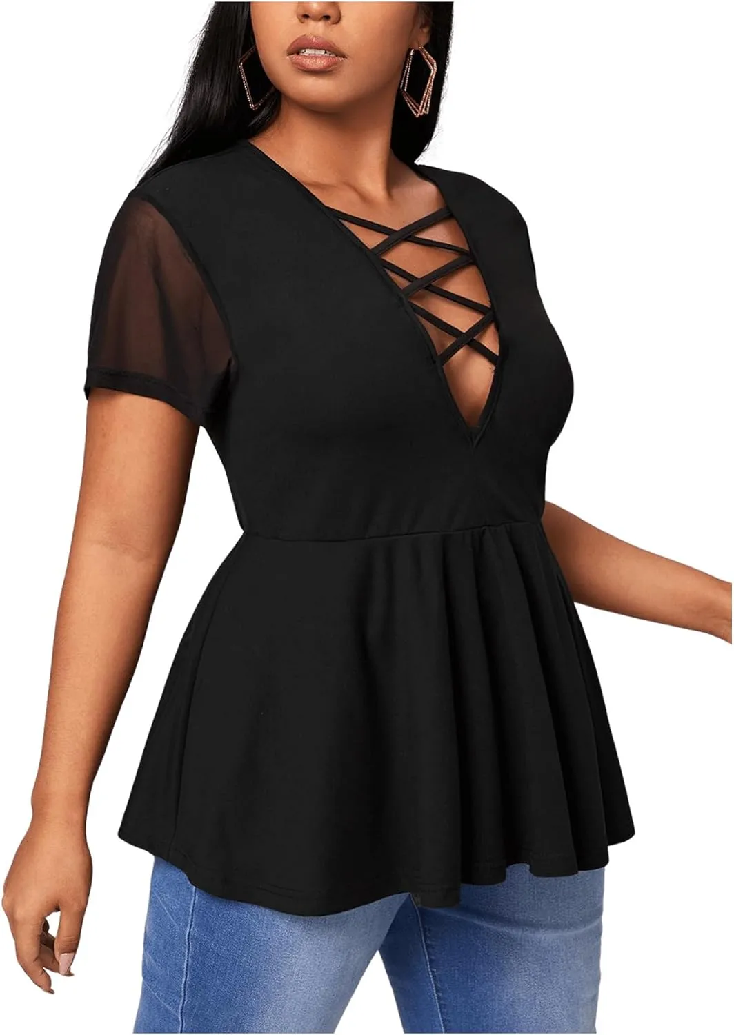 OYOANGLE Women's Plus Size Mesh Short Sleeve Criss Cross Front Plunging Neck Peplum Blouse