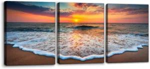 Pacimo 3 Pieces Wall Art Decor Beach Canvas Print Picture Sunrise Ocean Waves Scenery Painting Artwork for Office Wall Decor Home Decoration Stretched and Framed Ready to Hang - 12" x 16" x 3