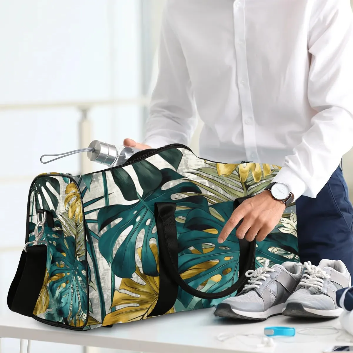 Palm Tree Leaf Travel Duffel Bag for Women Men Waterproof Foldable Overnight Weekender Bag Large Capacity Sports Gym Bag