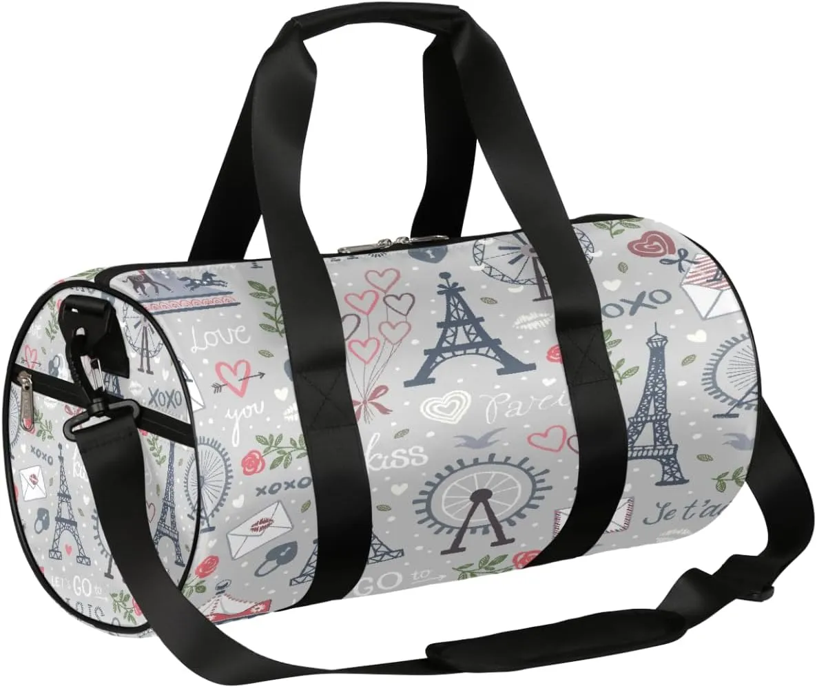 Paris Eiffel Tower Sports Gym Bag Duffel Bags Workout Lightweight Shoulder Weekender Bag Travel Duffel Bag for Men Women(Love Heart Grey)