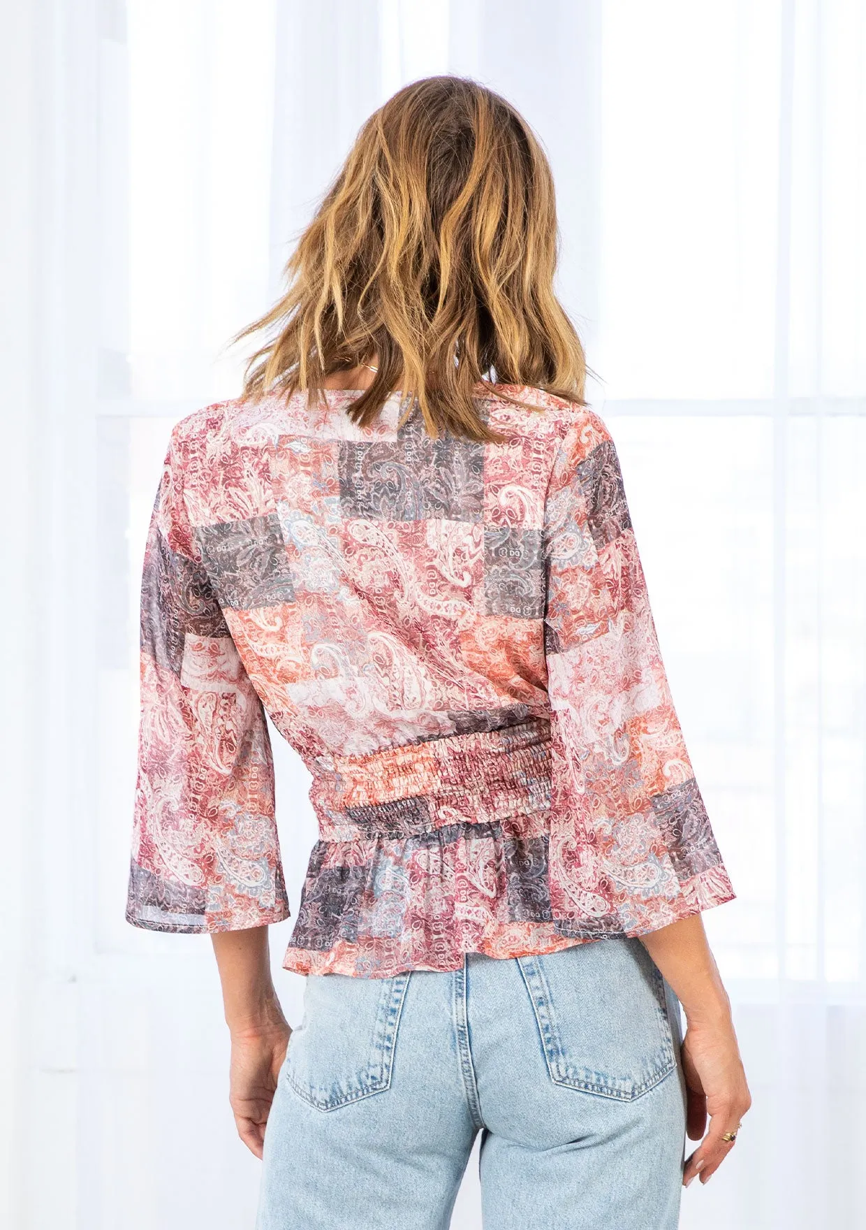 Patchwork Print Peplum 3/4 Sleeve Blouse