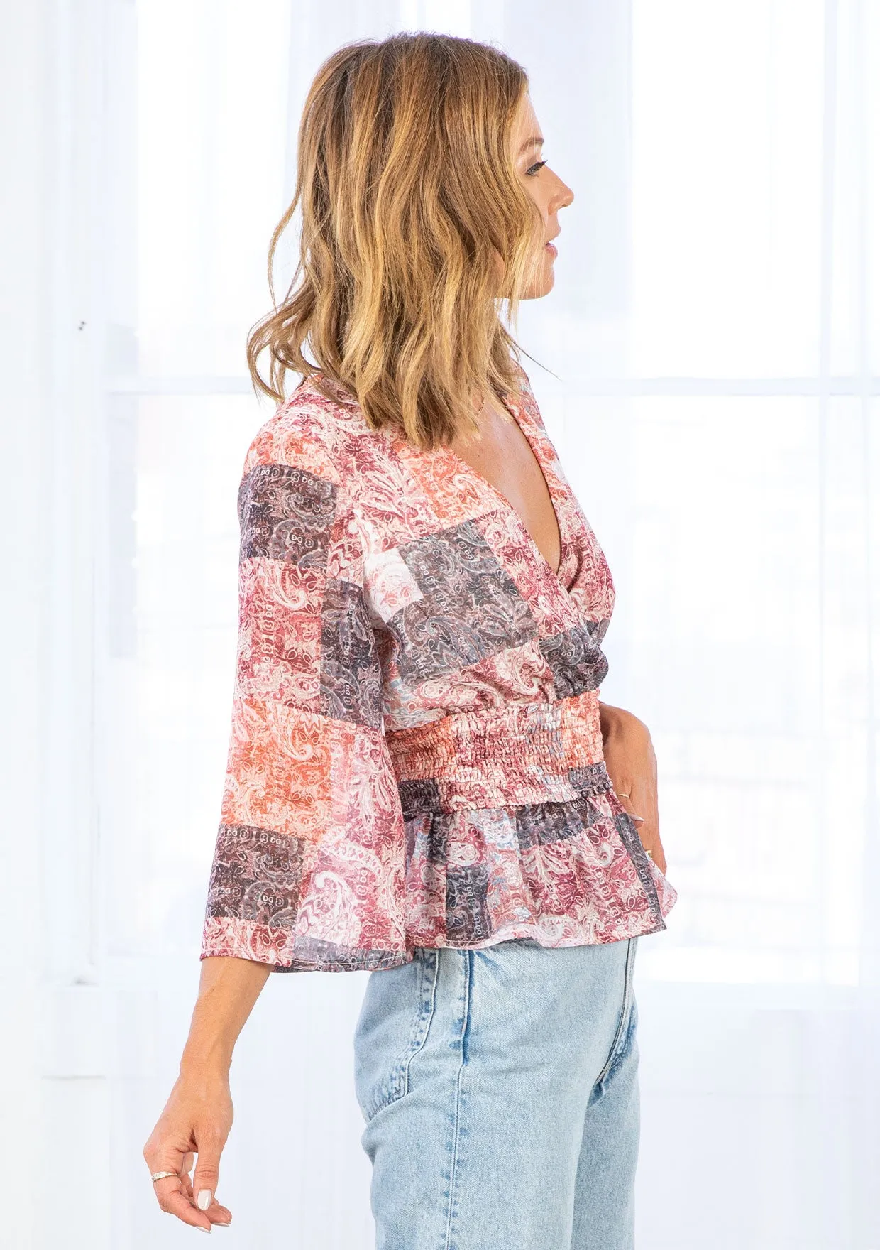 Patchwork Print Peplum 3/4 Sleeve Blouse