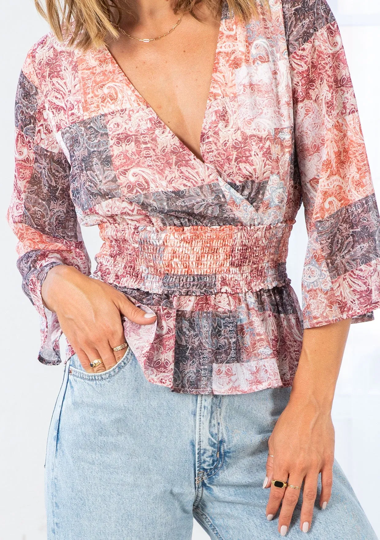 Patchwork Print Peplum 3/4 Sleeve Blouse