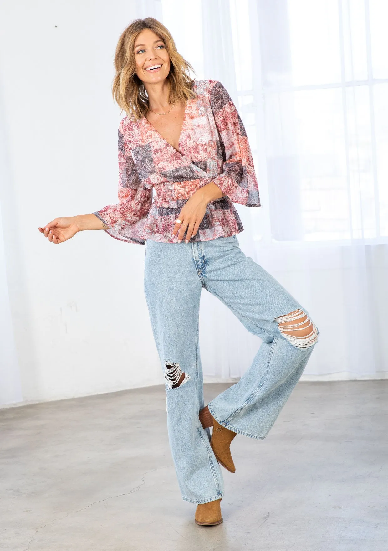 Patchwork Print Peplum 3/4 Sleeve Blouse