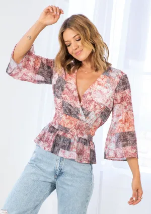 Patchwork Print Peplum 3/4 Sleeve Blouse