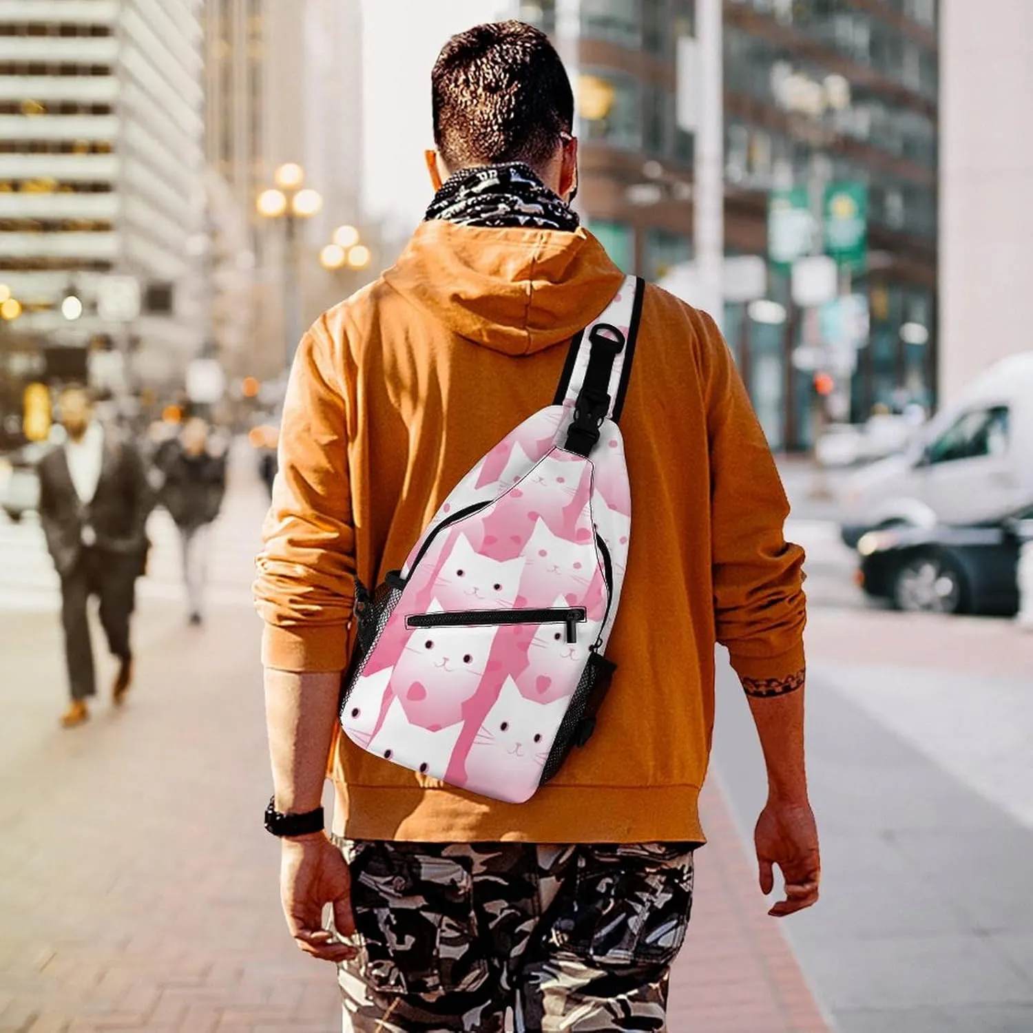Peach Cat Pattern Crossbody Bag, Sling Bag, Sling Backpack, Belt Bags for Travel Outdoors Hiking