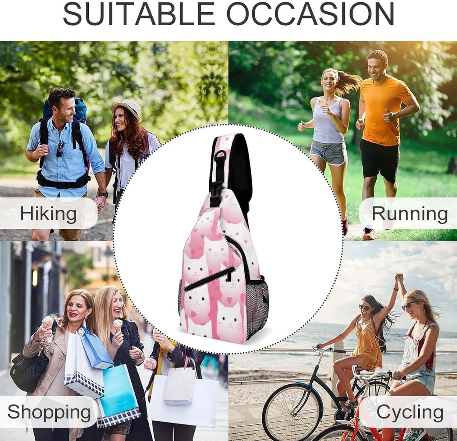 Peach Cat Pattern Crossbody Bag, Sling Bag, Sling Backpack, Belt Bags for Travel Outdoors Hiking