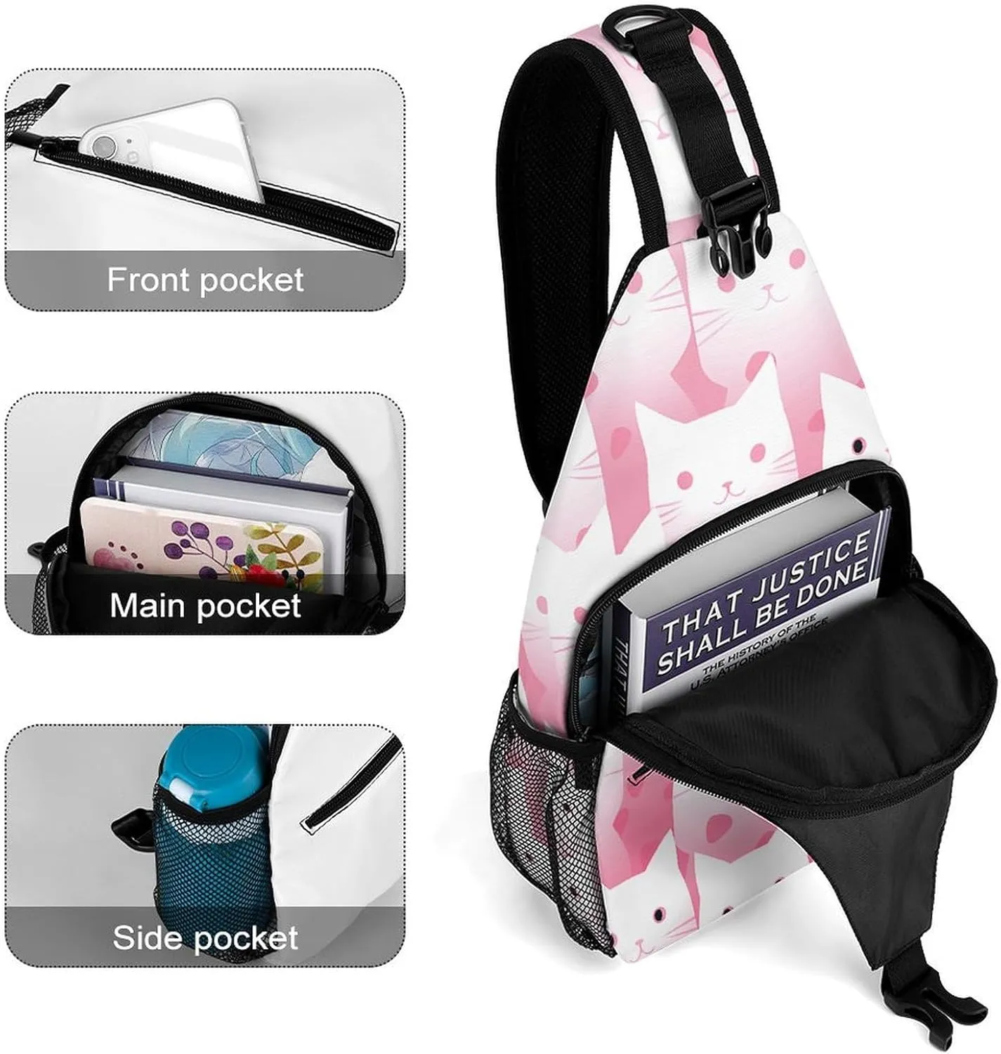 Peach Cat Pattern Crossbody Bag, Sling Bag, Sling Backpack, Belt Bags for Travel Outdoors Hiking