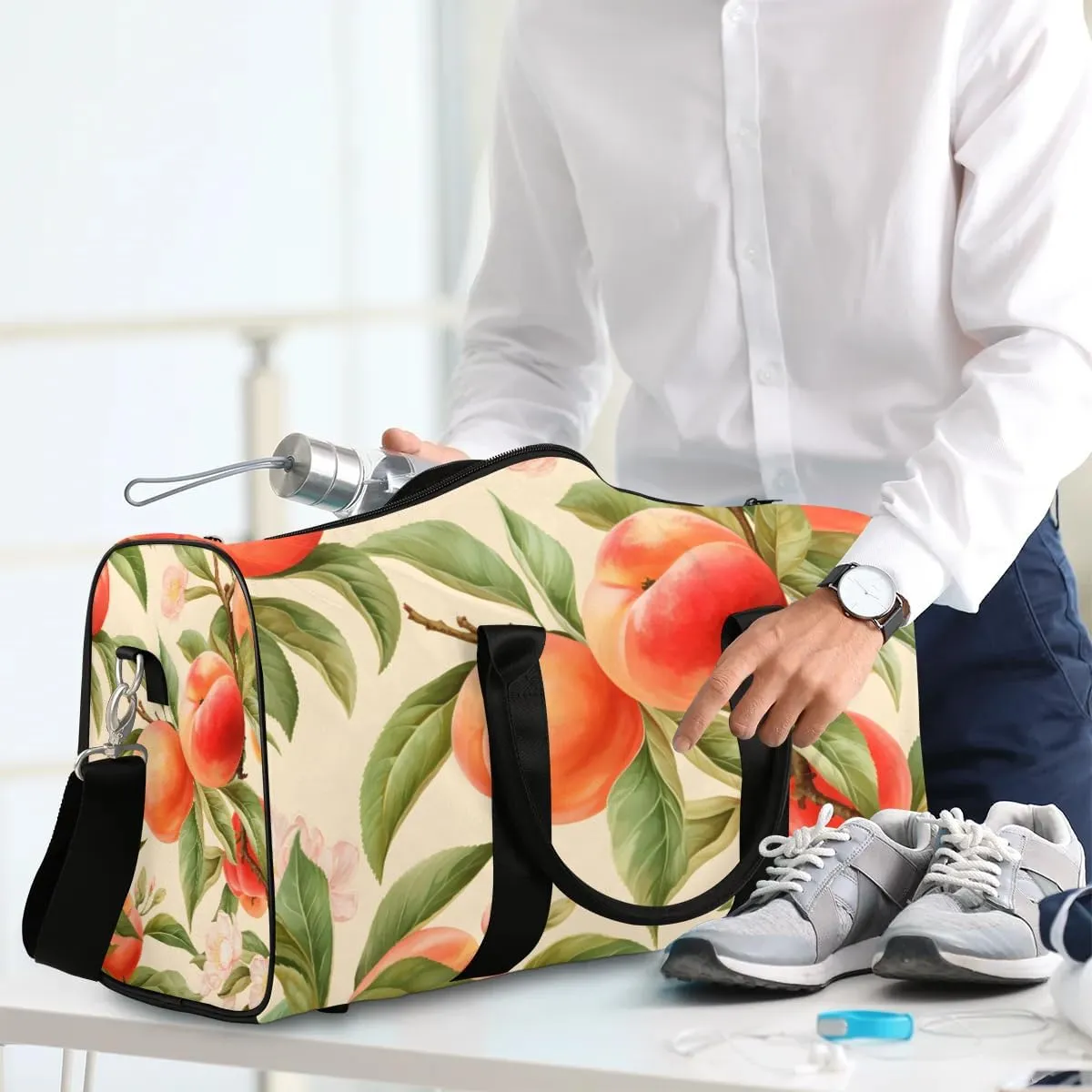 Peach Fruit Travel Duffel Bag for Women Men Waterproof Foldable Overnight Weekender Bag Large Capacity Sports Gym Bag