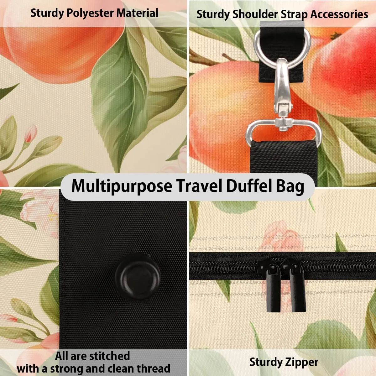 Peach Fruit Travel Duffel Bag for Women Men Waterproof Foldable Overnight Weekender Bag Large Capacity Sports Gym Bag