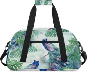 Peacock Gym Duffel Bag for Men Women Palm Leaves Sports Tote Bag with Adjustable Shoulder Strap for Dance Gymnastics Traveling Outdoor Camping Overnight Stay