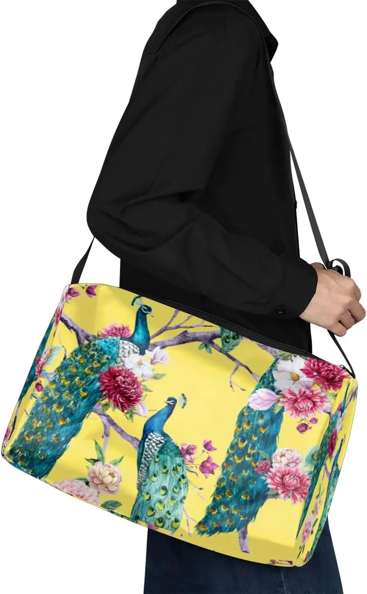 Peacock Peony Small Gym Bag for Men Women Workout Sport Duffle Bag Waterproof Weekender Overnight Bag Lightweight Carry on Tote Bag Crossbody Shoulder Travel Bag for Swim Yoge Dance