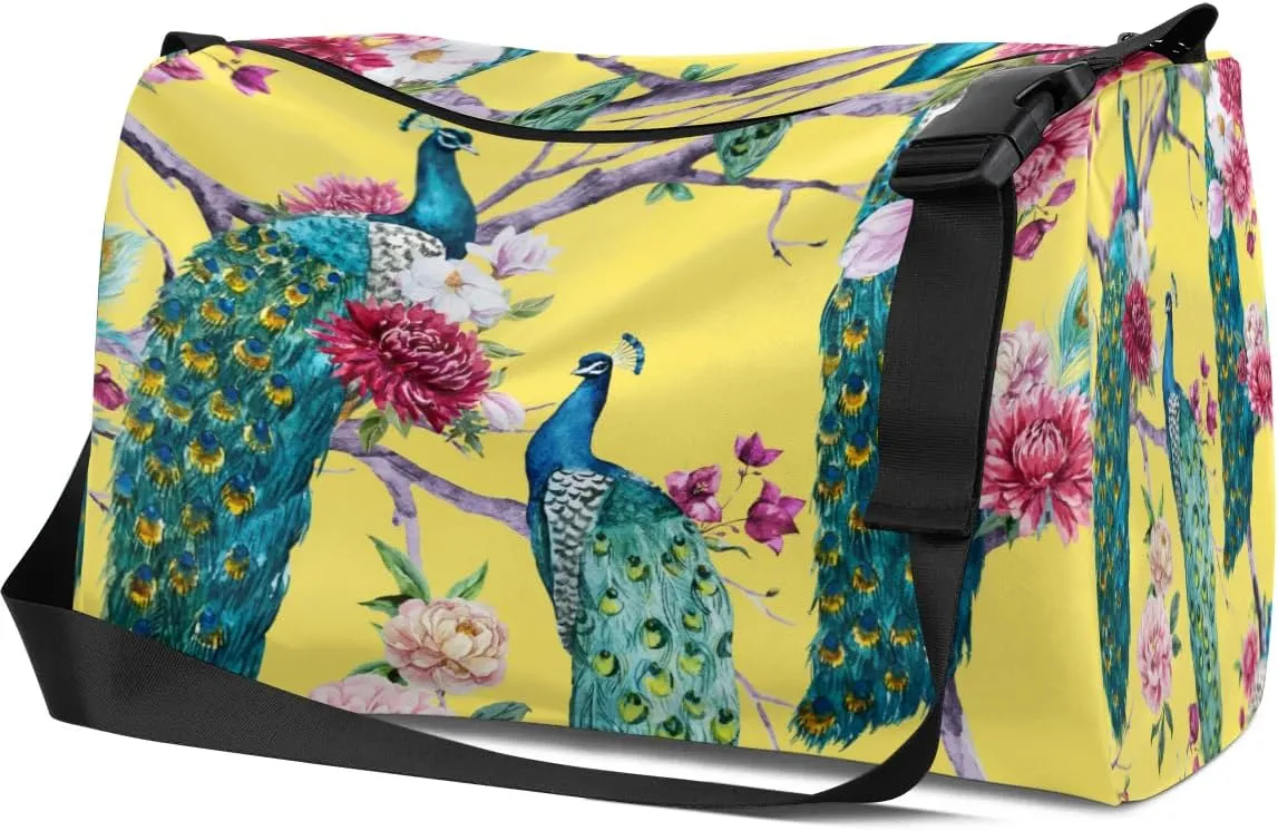 Peacock Peony Small Gym Bag for Men Women Workout Sport Duffle Bag Waterproof Weekender Overnight Bag Lightweight Carry on Tote Bag Crossbody Shoulder Travel Bag for Swim Yoge Dance