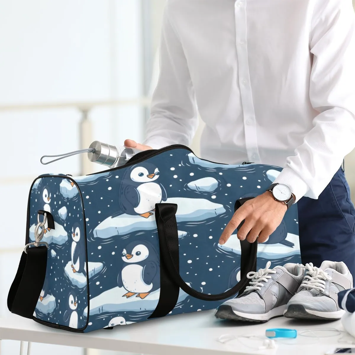 Penguin Travel Duffle Bag, Sports Gym Bags for Women Men, Carry On Weekender Overnight Bag, Cute Animal Workout Hospital Airplane Trips Bag