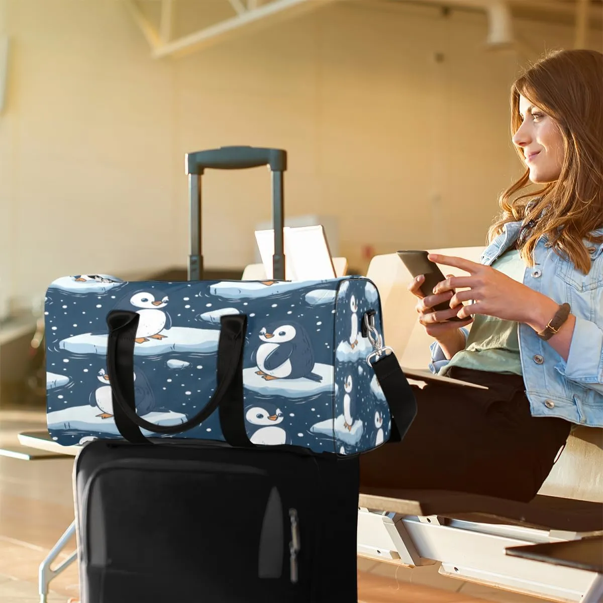 Penguin Travel Duffle Bag, Sports Gym Bags for Women Men, Carry On Weekender Overnight Bag, Cute Animal Workout Hospital Airplane Trips Bag
