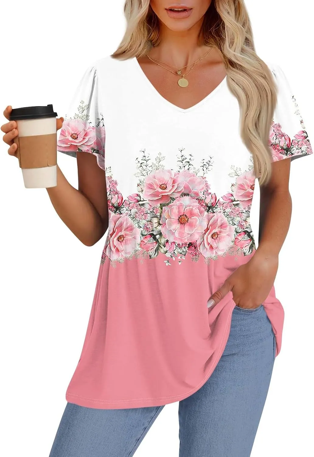 Peplum Tops for Women Summer Puff Short Sleeve Babydoll Vneck Tshirts Shirts Dressy Casual Tunic Tops with Leggings