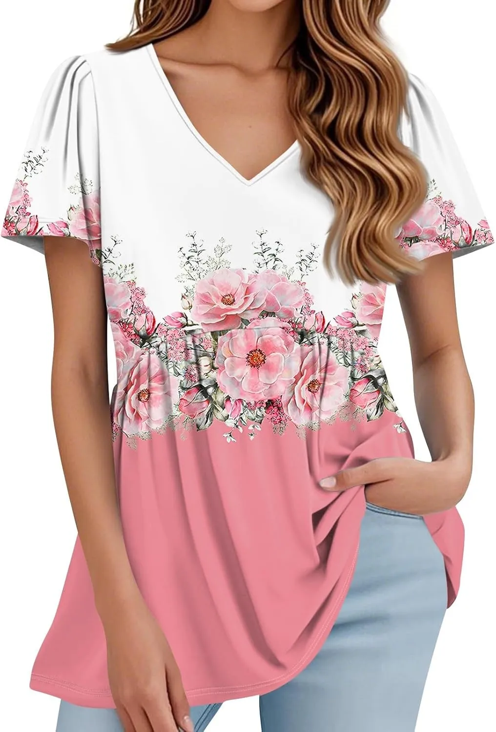 Peplum Tops for Women Summer Puff Short Sleeve Babydoll Vneck Tshirts Shirts Dressy Casual Tunic Tops with Leggings