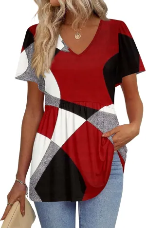 Peplum Tops for Women Summer Puff Short Sleeve Babydoll Vneck Tshirts Shirts Dressy Casual Tunic Tops with Leggings