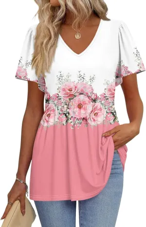 Peplum Tops for Women Summer Puff Short Sleeve Babydoll Vneck Tshirts Shirts Dressy Casual Tunic Tops with Leggings