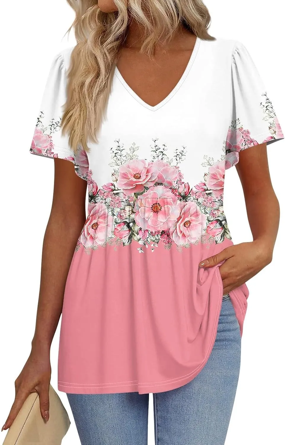 Peplum Tops for Women Summer Puff Short Sleeve Babydoll Vneck Tshirts Shirts Dressy Casual Tunic Tops with Leggings