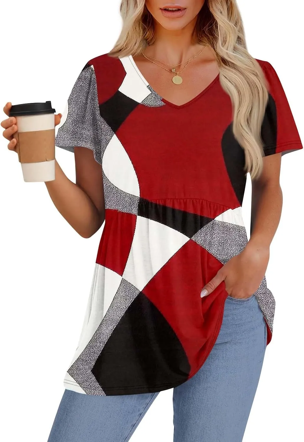 Peplum Tops for Women Summer Puff Short Sleeve Babydoll Vneck Tshirts Shirts Dressy Casual Tunic Tops with Leggings