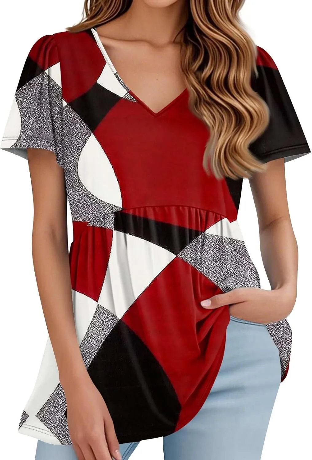 Peplum Tops for Women Summer Puff Short Sleeve Babydoll Vneck Tshirts Shirts Dressy Casual Tunic Tops with Leggings