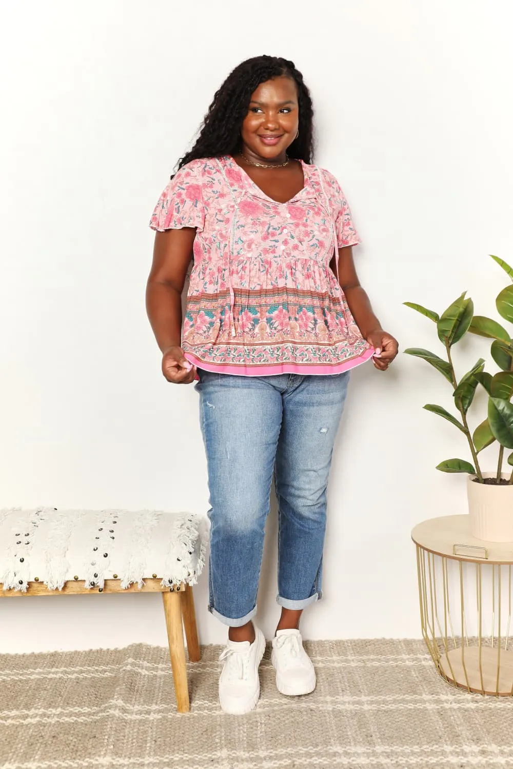 Perfee Bohemian Decorative Button Tie-Neck Peplum Blouse