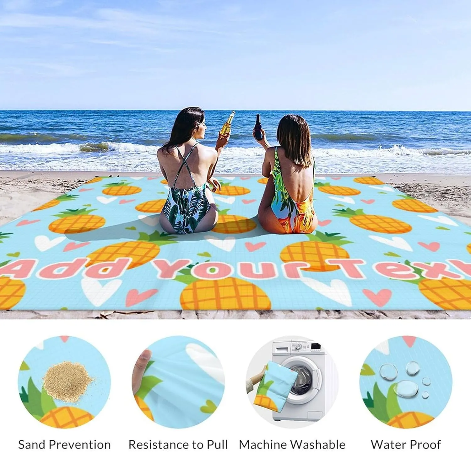 Personalized Beach Blanket Waterproof Sandproof, 118x110 Inches Custom Oversized Pineapple Beach Mat for 6-8 Adults, Lightweight Windproof Picnic Blanket for Outdoor, Travel, Camping, Hiking