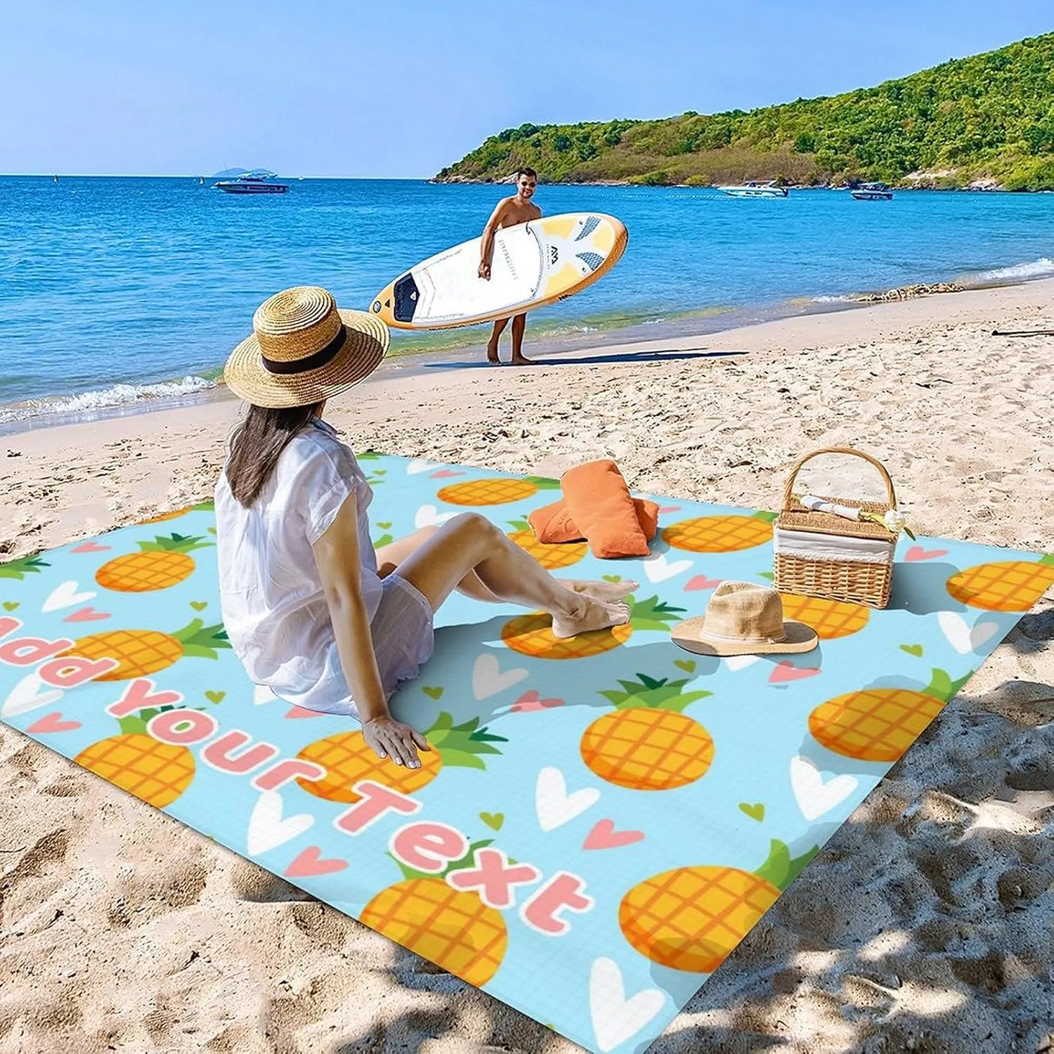 Personalized Beach Blanket Waterproof Sandproof, 118x110 Inches Custom Oversized Pineapple Beach Mat for 6-8 Adults, Lightweight Windproof Picnic Blanket for Outdoor, Travel, Camping, Hiking