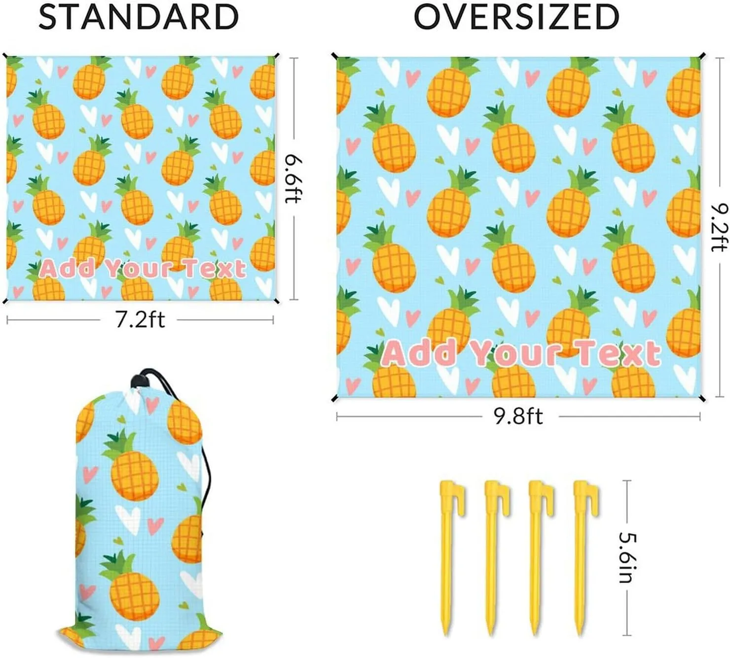 Personalized Beach Blanket Waterproof Sandproof, 118x110 Inches Custom Oversized Pineapple Beach Mat for 6-8 Adults, Lightweight Windproof Picnic Blanket for Outdoor, Travel, Camping, Hiking