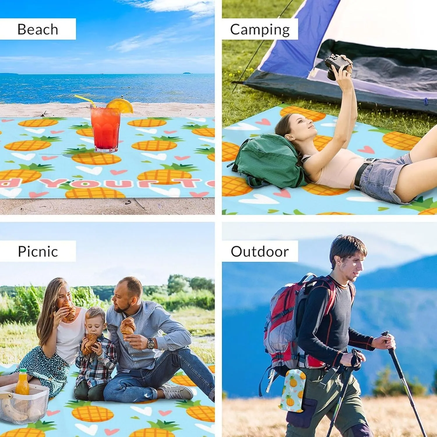 Personalized Beach Blanket Waterproof Sandproof, 118x110 Inches Custom Oversized Pineapple Beach Mat for 6-8 Adults, Lightweight Windproof Picnic Blanket for Outdoor, Travel, Camping, Hiking