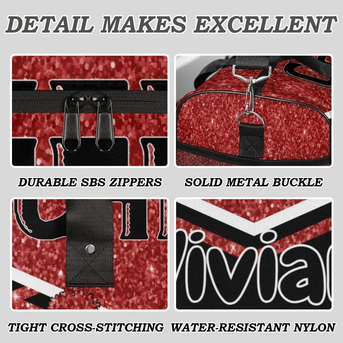 Personalized Cheer Bag for Cheerleader, Sport Duffel Bag with Name Customized Travel Overnight Weekender Bags, Deep Red Glitter Cheerleading