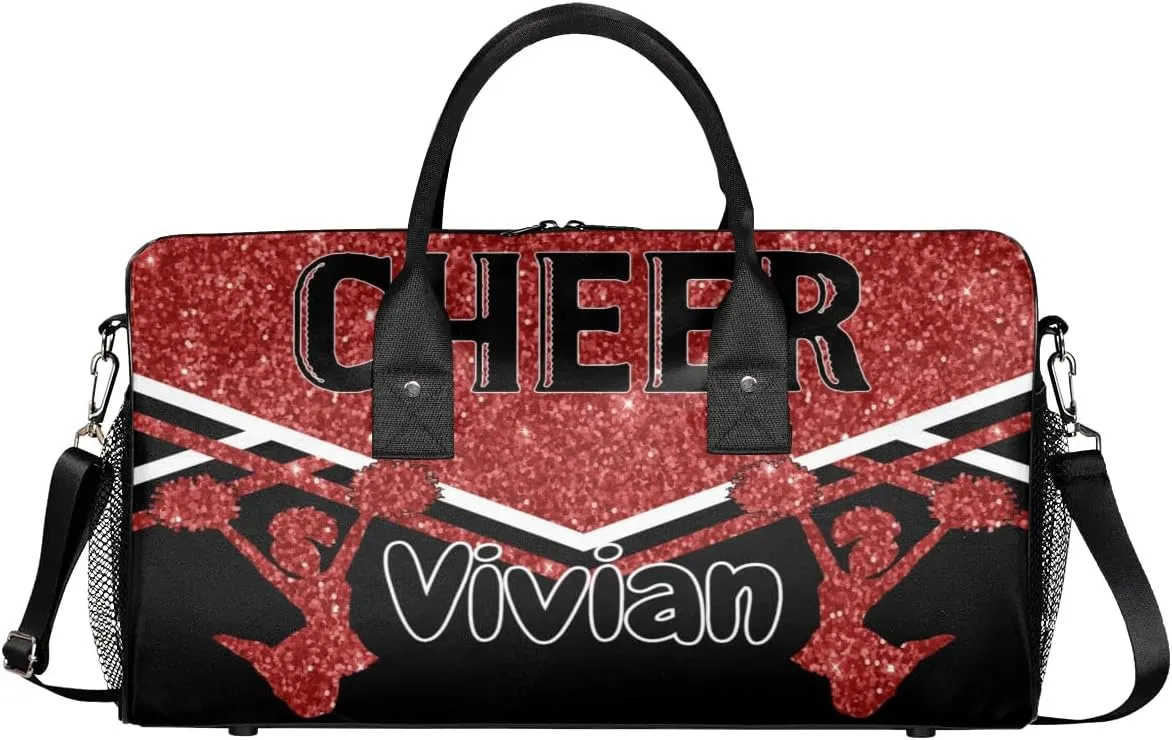 Personalized Cheer Bag for Cheerleader, Sport Duffel Bag with Name Customized Travel Overnight Weekender Bags, Deep Red Glitter Cheerleading