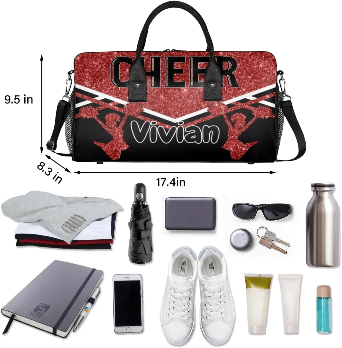 Personalized Cheer Bag for Cheerleader, Sport Duffel Bag with Name Customized Travel Overnight Weekender Bags, Deep Red Glitter Cheerleading
