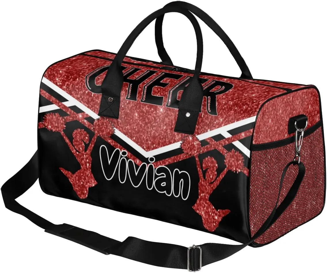 Personalized Cheer Bag for Cheerleader, Sport Duffel Bag with Name Customized Travel Overnight Weekender Bags, Deep Red Glitter Cheerleading
