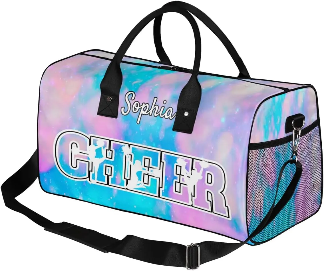 Personalized Cheer Bags for Cheerleaders, Custom Name Sport Duffel Bag Gym Bag Travel Duffle Bag Overnight Weekender Bag Silver Glitter